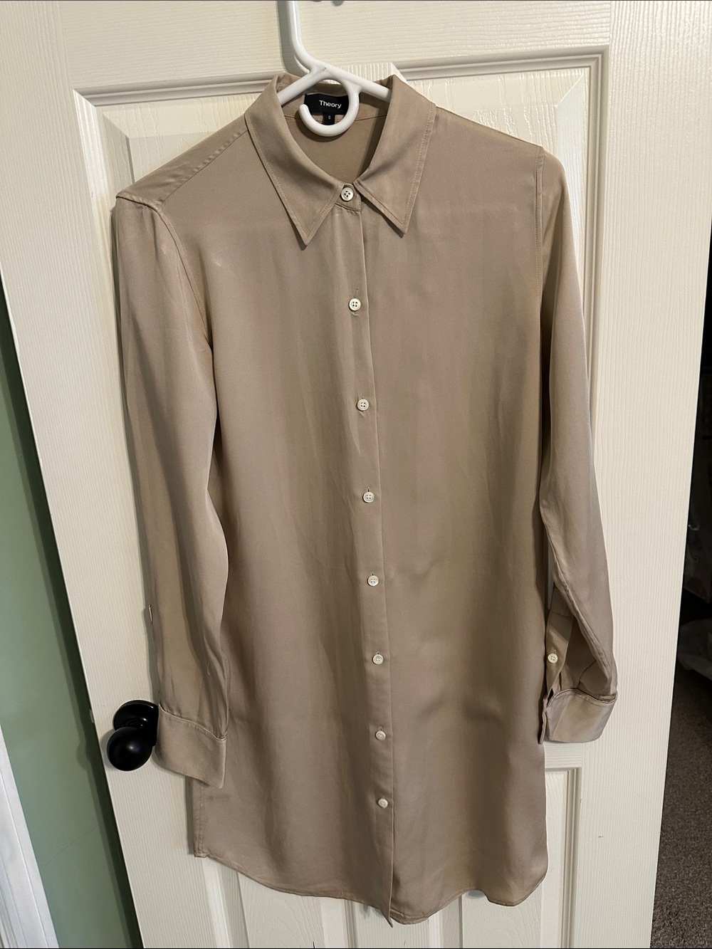 Theory 100 % SILK Taupe Long Sleeve Button-Front Shirt Dress